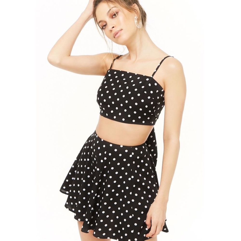 NIC & JO Black + White Polka Dot Cropped Cami + Mini Skirt Set